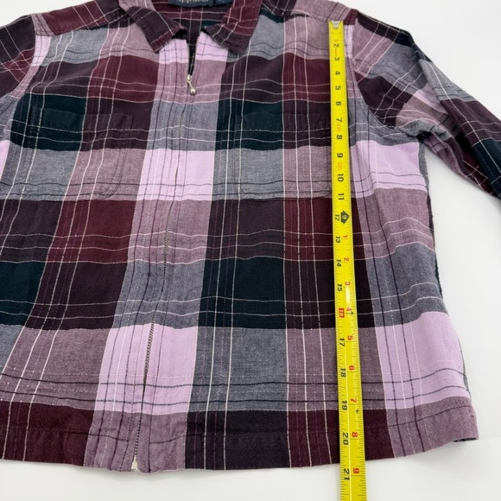 Plaid Zip Front Shirt Jacket Women's Large‎ Burgundy Pink Navy Cotton Grunge - Picture 10 of 11